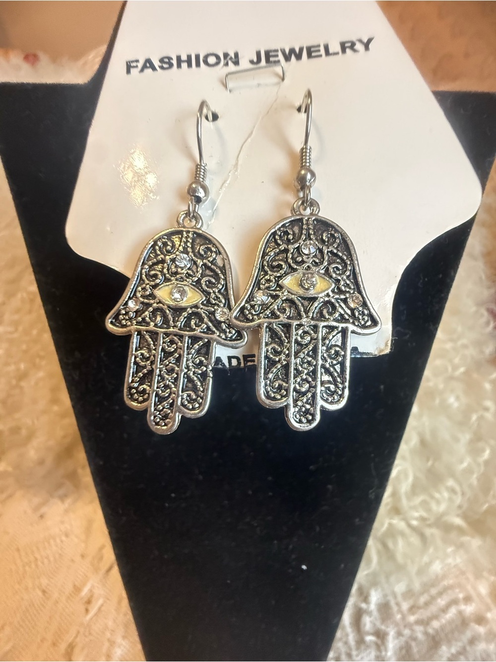 Source Unknown Silver Hamsa Dangle Earrings with Gold-Tone Eye